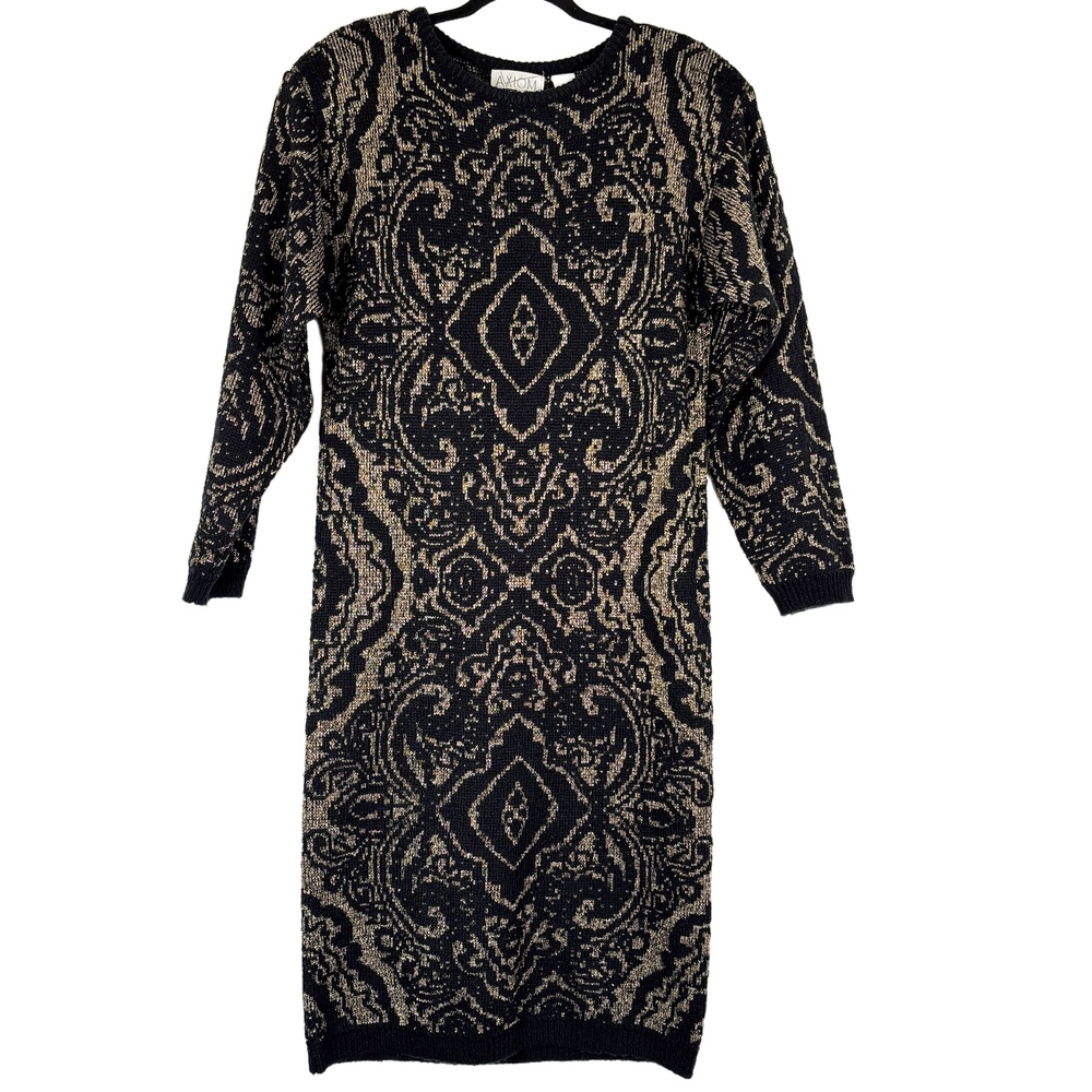 Axiom Vintage Black Gold Metallic Sweater Dress Women’s Small Long Sleeve Knit